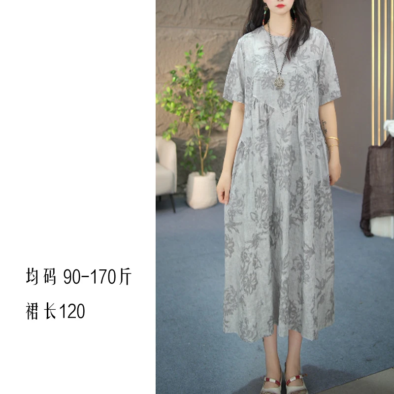 短袖长款亚麻连衣裙夏秋季文艺女装显瘦长裙子大摆裙X2510-3