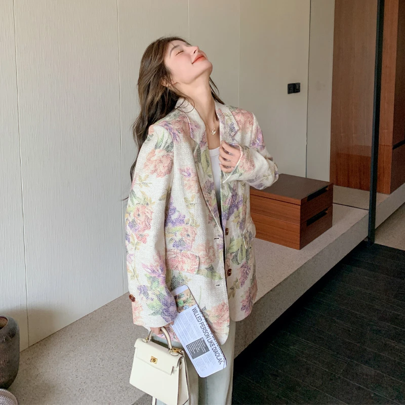 莫奈花园印花西装外套女2025春秋新款韩系超显白氛围感松弛感西服