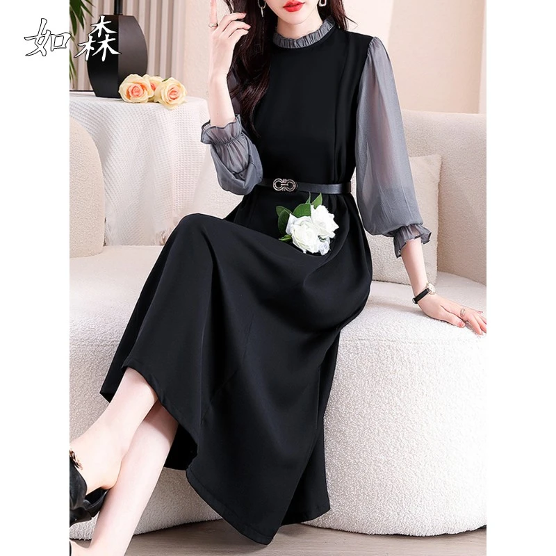 假两件套长袖女装2025春秋季新款法国赫本风格高端束腰优雅a字裙