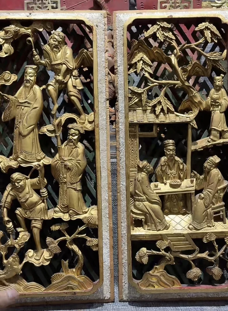 老木雕鎏金人物花板