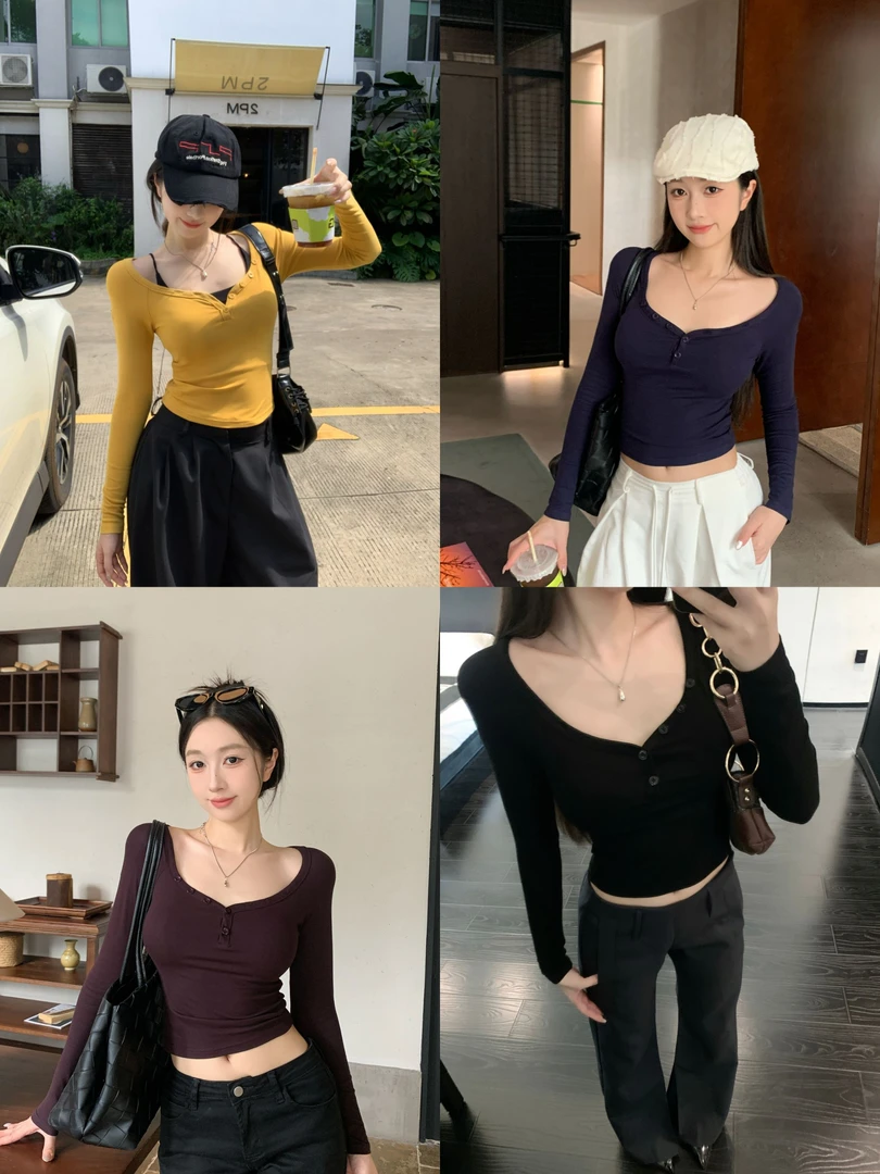 纯欲性感低v领长袖T恤女秋冬设计感小众打底衫收腰显瘦辣妹上衣