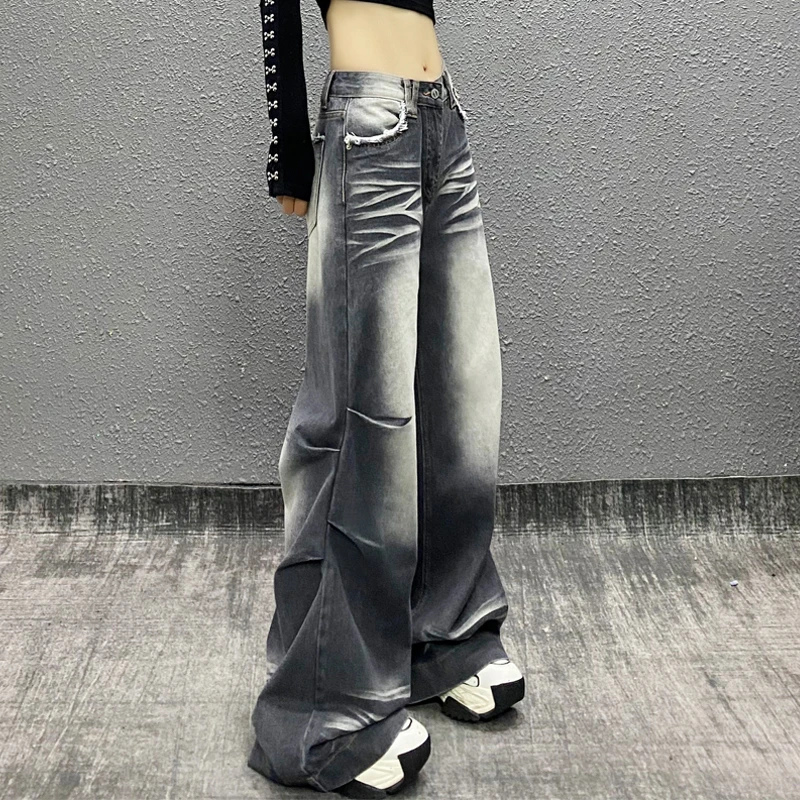 个性口袋撞色水洗垂感牛仔裤女秋新款高腰宽松显瘦百搭直筒阔腿裤