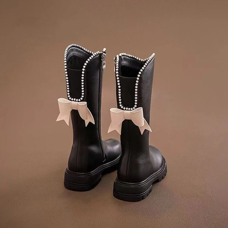 ABC女童鞋子儿童长靴2025新款秋冬新款长筒高筒皮靴加绒洋气女孩