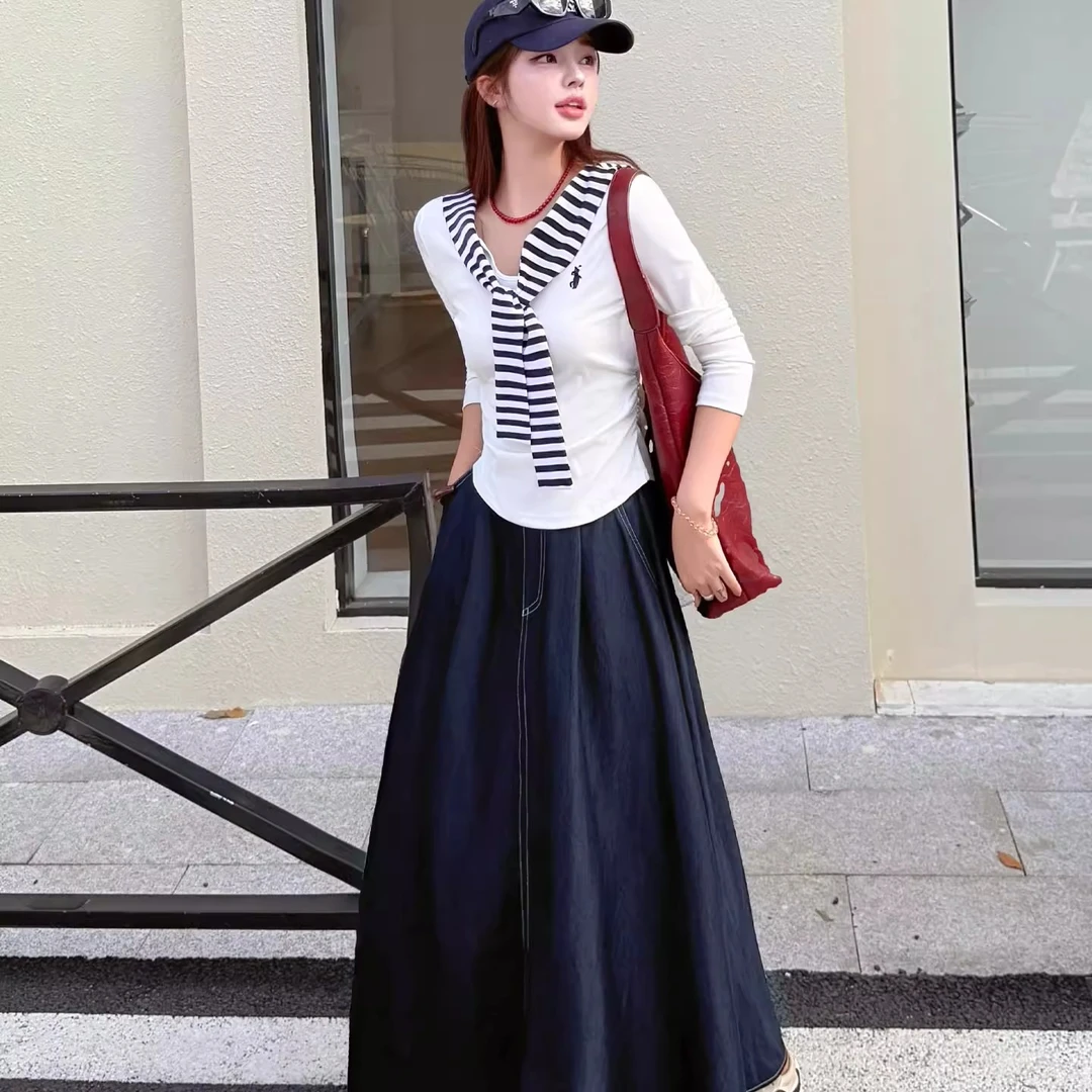 拉夏贝尔时尚套装裙女秋2025新款假两件披肩长袖上衣半身裙两件套