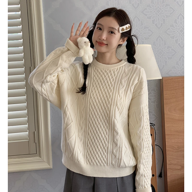 【清清】东京岁时记jk秋冬慵懒风纯色甜美学院麻花套头针织毛衣女装