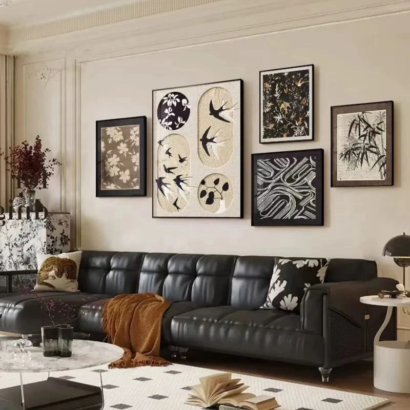 手工砂岩中古风客厅法式复古沙发背景墙小众卧室组合餐厅画五联