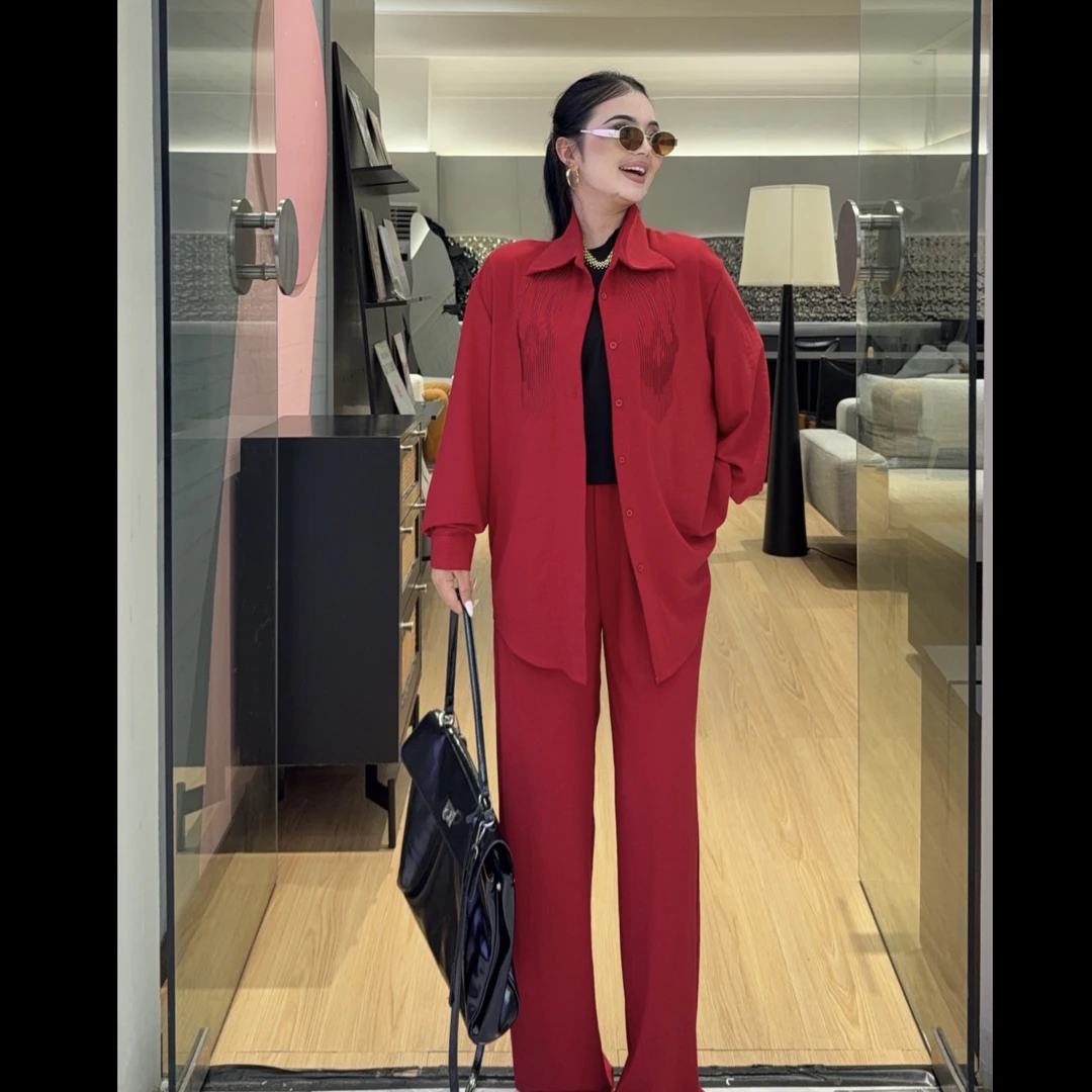 时尚休闲红色脏橘色亚麻阔版衬衣搭配抽绳宽松裤套装