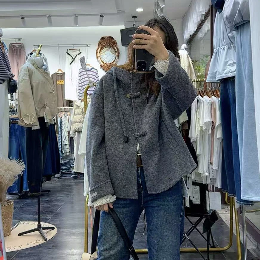 秋冬新款加厚连帽韩版甜美减龄通勤精致毛呢外套上衣女保暖洋气潮