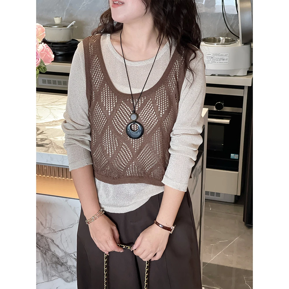WenWen小个子2025秋季新款长袖韩系假两件针织衫百搭显瘦上衣4232