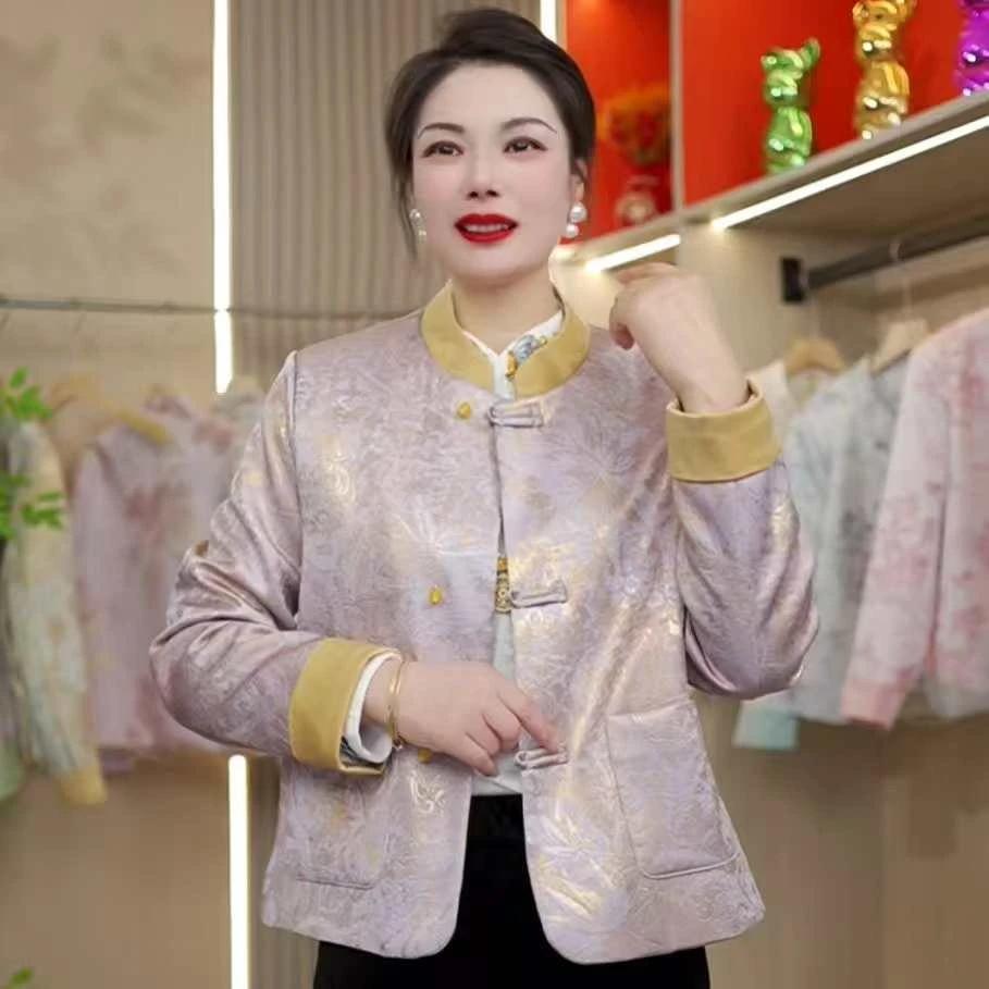 YW国风中式立领时时尚提花厚款国潮风盘扣短款