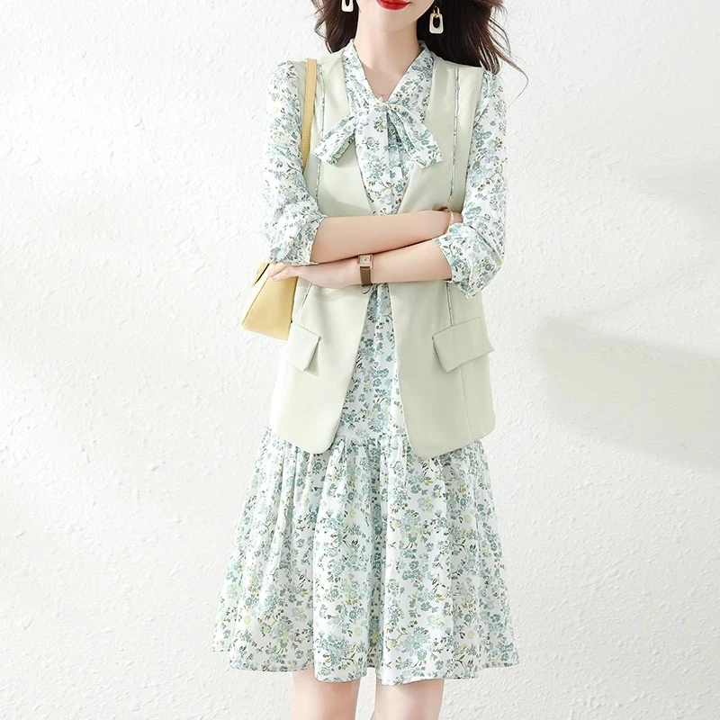 xlfs5663马甲套装裙女时尚休闲宽松外套韩版雪纺碎花连衣裙两件套