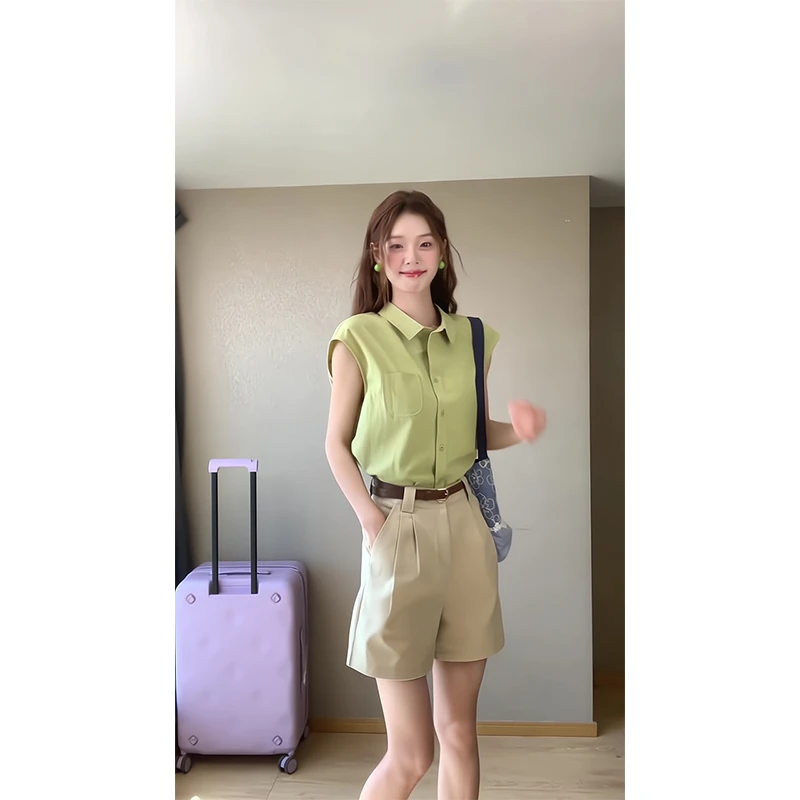 2025新款女士春夏季时尚穿搭休闲宽松百搭短袖衬衫上衣高腰阔腿裤