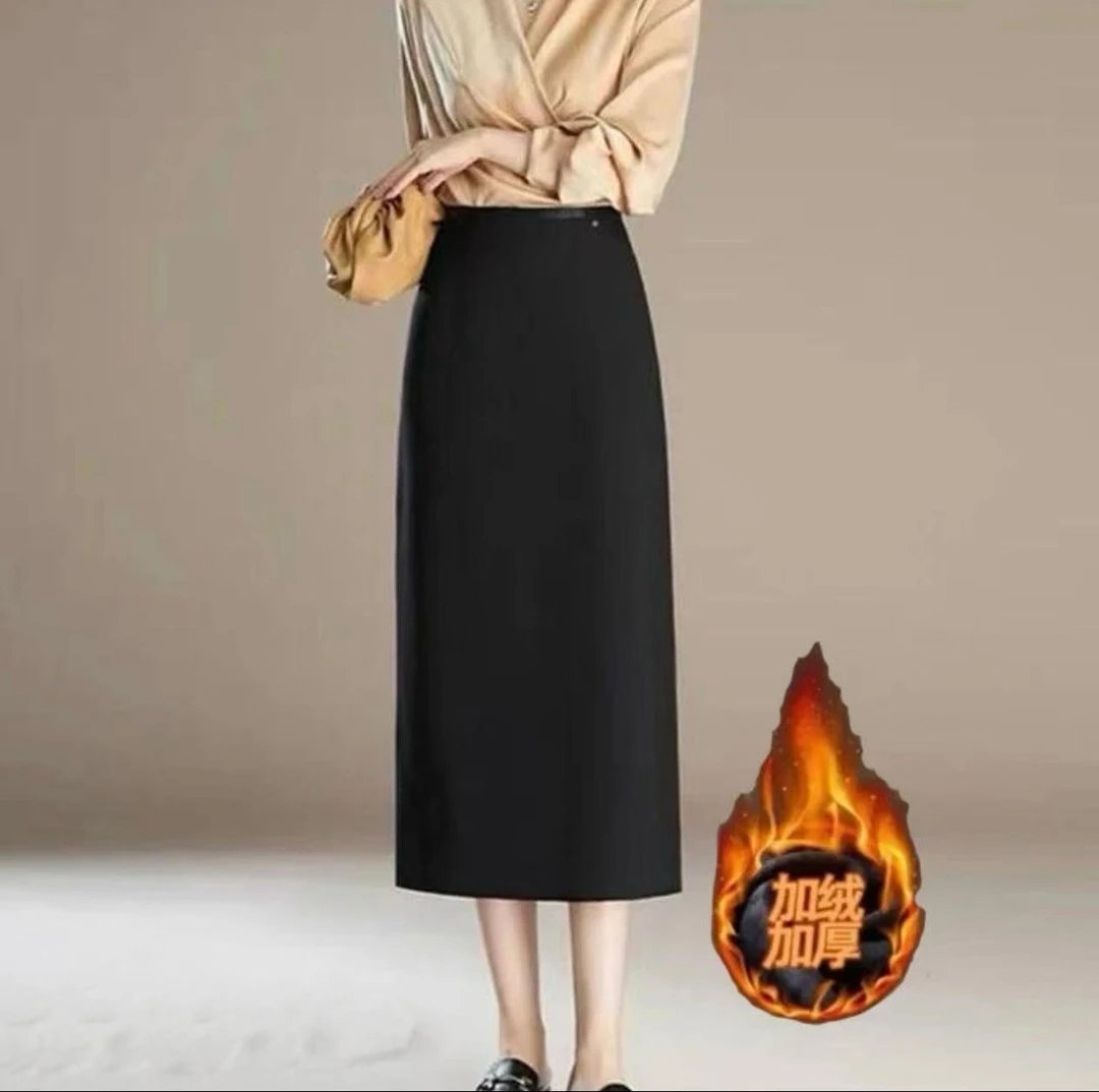 两个规格】秋冬加绒半身裙女百搭显瘦小个子中长款后开叉一步裙