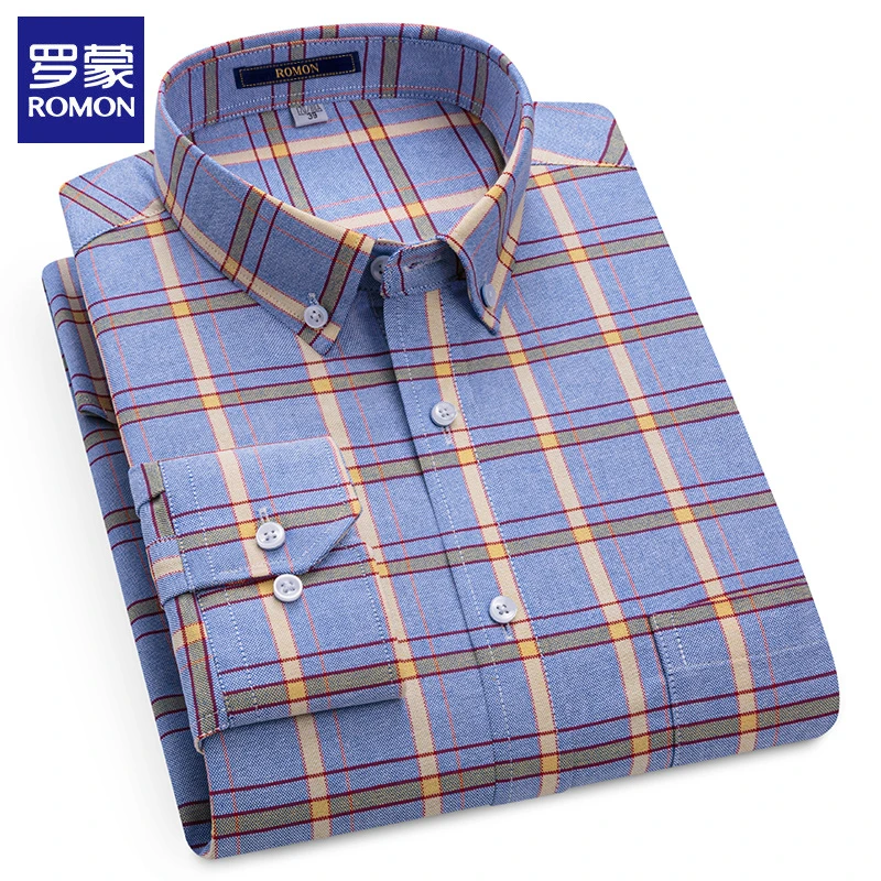 罗蒙100%纯棉男士格子衬衫新款抗皱牛津纺寸衣中青年休闲条纹衬衣