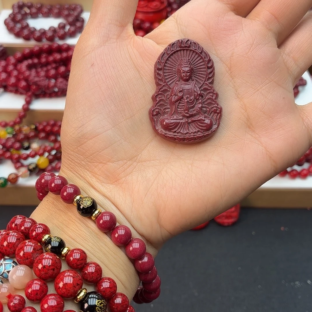 天然辰砂观音吊坠，黑绳