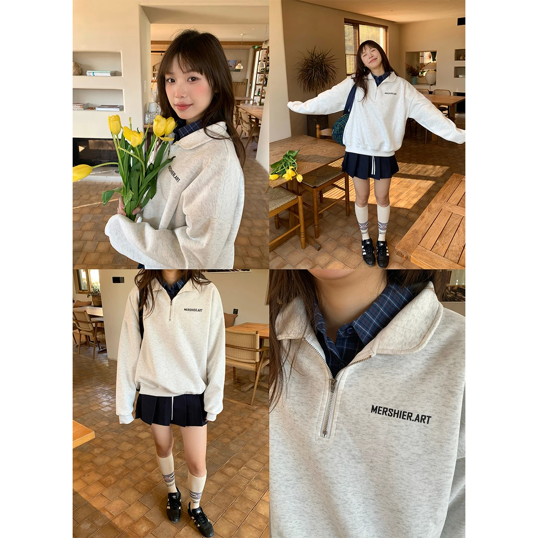 NIDEBLACK韩系少女春秋字母印花半拉链套头卫衣宽松百搭宽松上衣