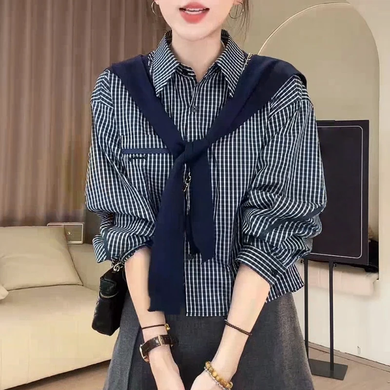 2025早秋季新款韩系两件装高级感休闲百搭格子衬衫女流行时尚披肩