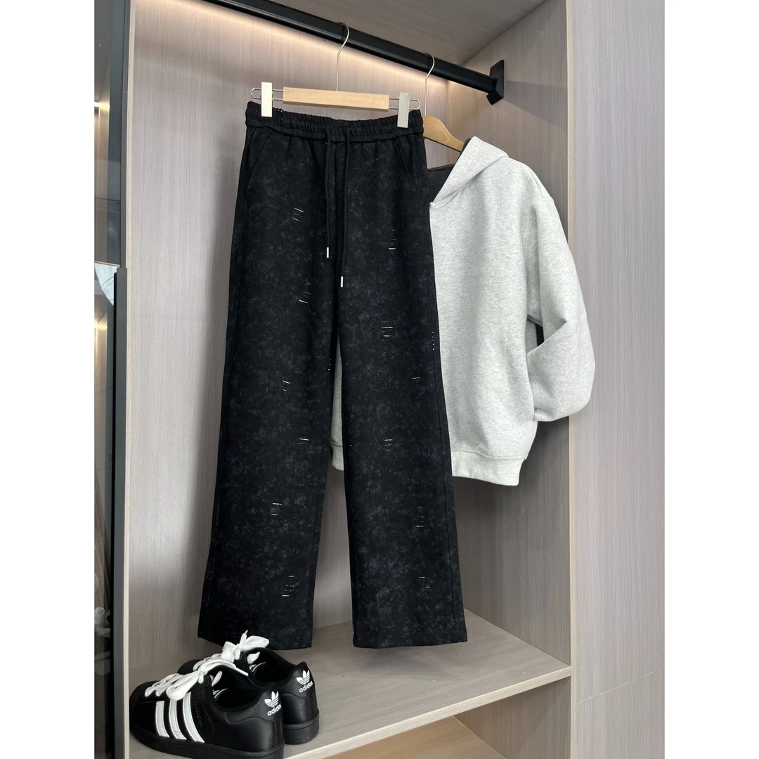 黑色陨石扎染破洞卫裤男女秋季垂感显瘦运动裤子青少年高级感长裤