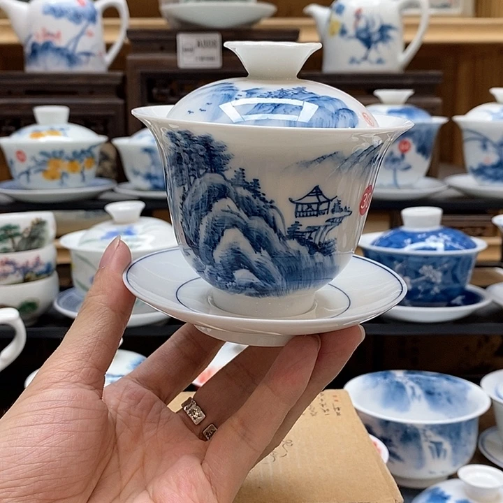 手绘高山流水盖碗160cc釉下彩微瑕福利款