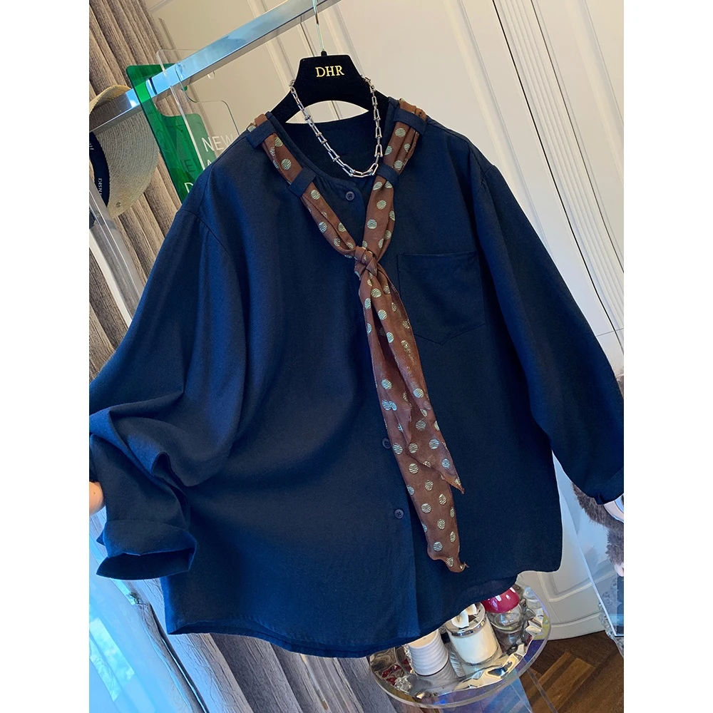 胖妹妹240斤大码法式气质波点丝巾长袖衬衫女早秋季时尚宽松上衣