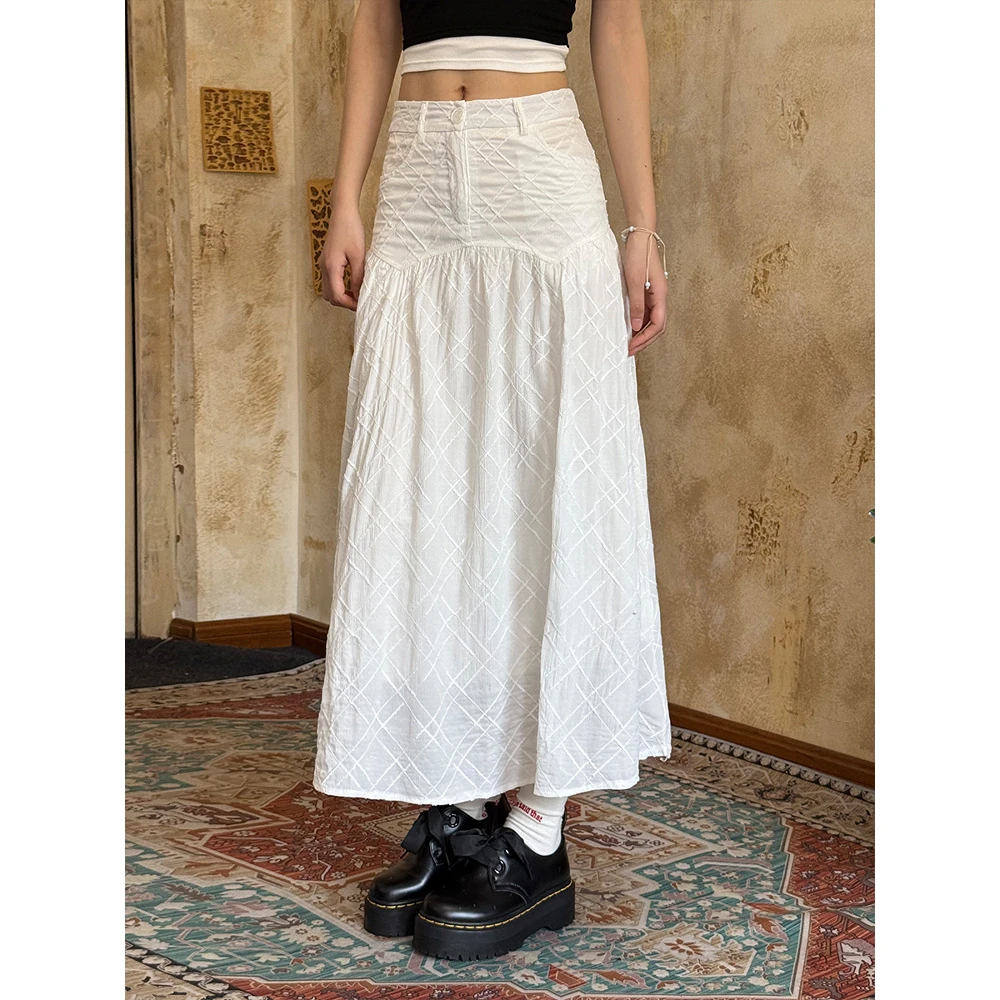 法立体格纹剪花白色半身裙女夏季新款高腰显瘦宽松垂感休闲长裙