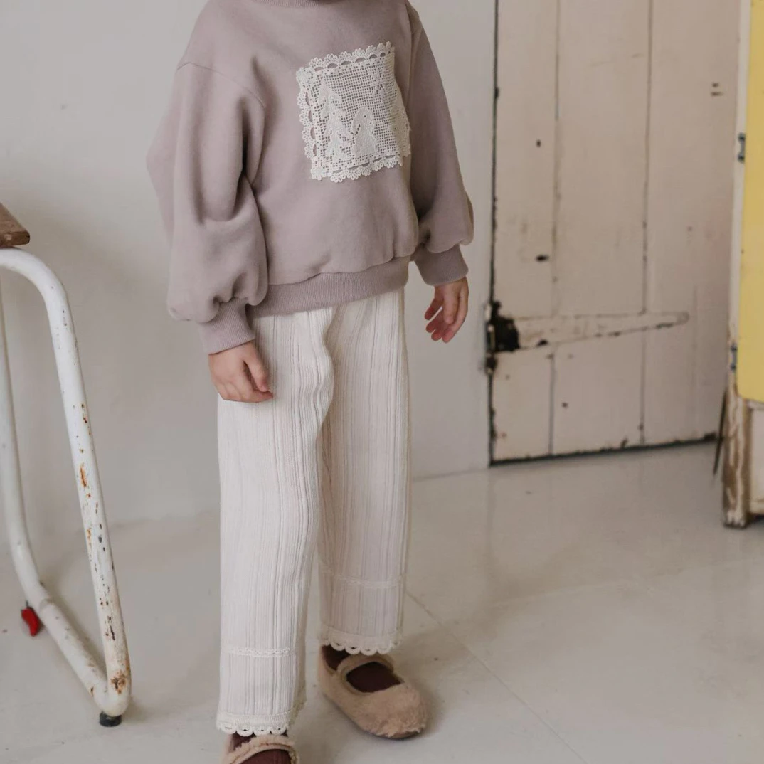 韩国星宝家25冬女童宝棉柔加厚蕾丝拼接花边针织休闲裤