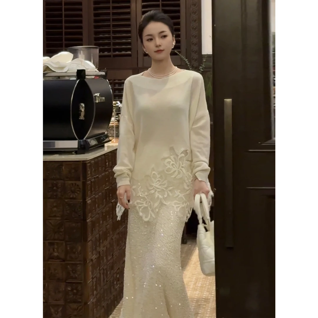 ShineNa/夏娜法式亮片鱼尾半身裙女2025春季新款高腰显瘦气质长裙