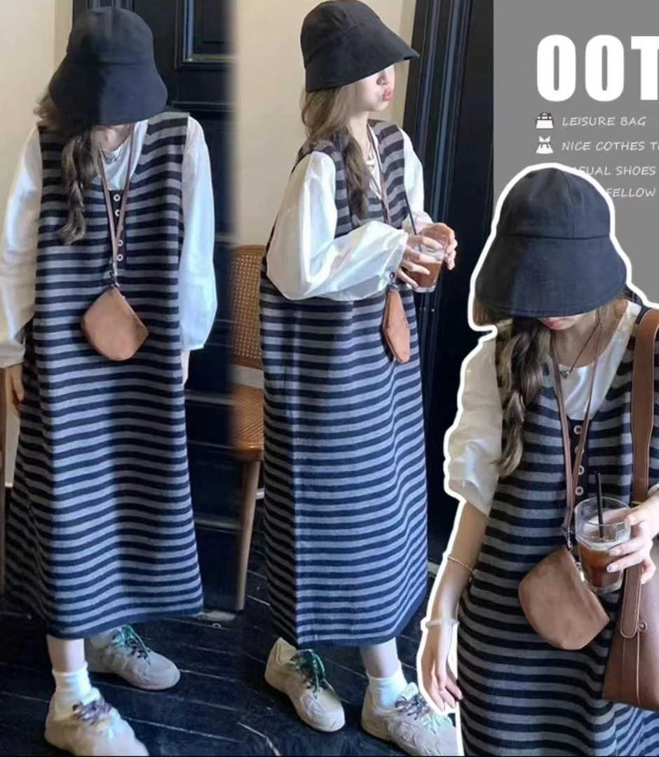 网红休闲时尚假两件休闲风中长款时尚套装通勤针织显瘦套装