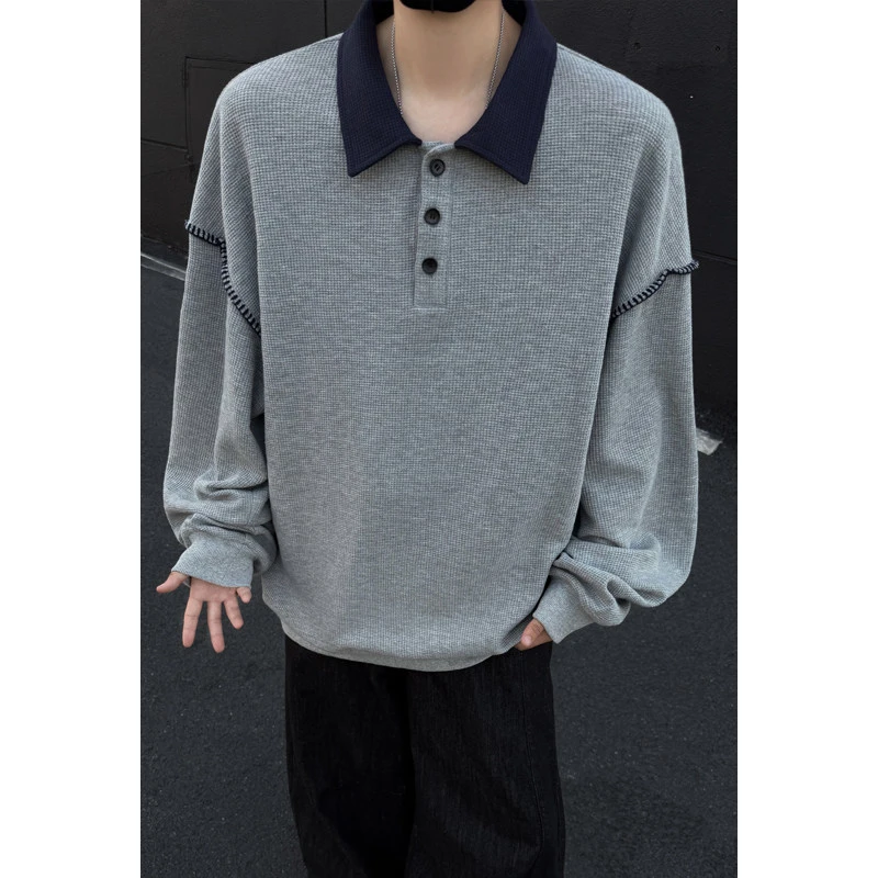 拼接华夫格POLO衫宽松内搭秋季痞帅潮流设计感大码休闲长袖卫衣