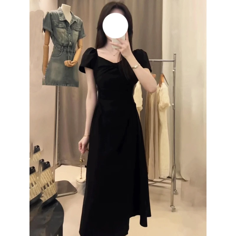 法式赫本风黑色连衣裙女夏季2025新款爆款收腰显瘦高级感a字长裙