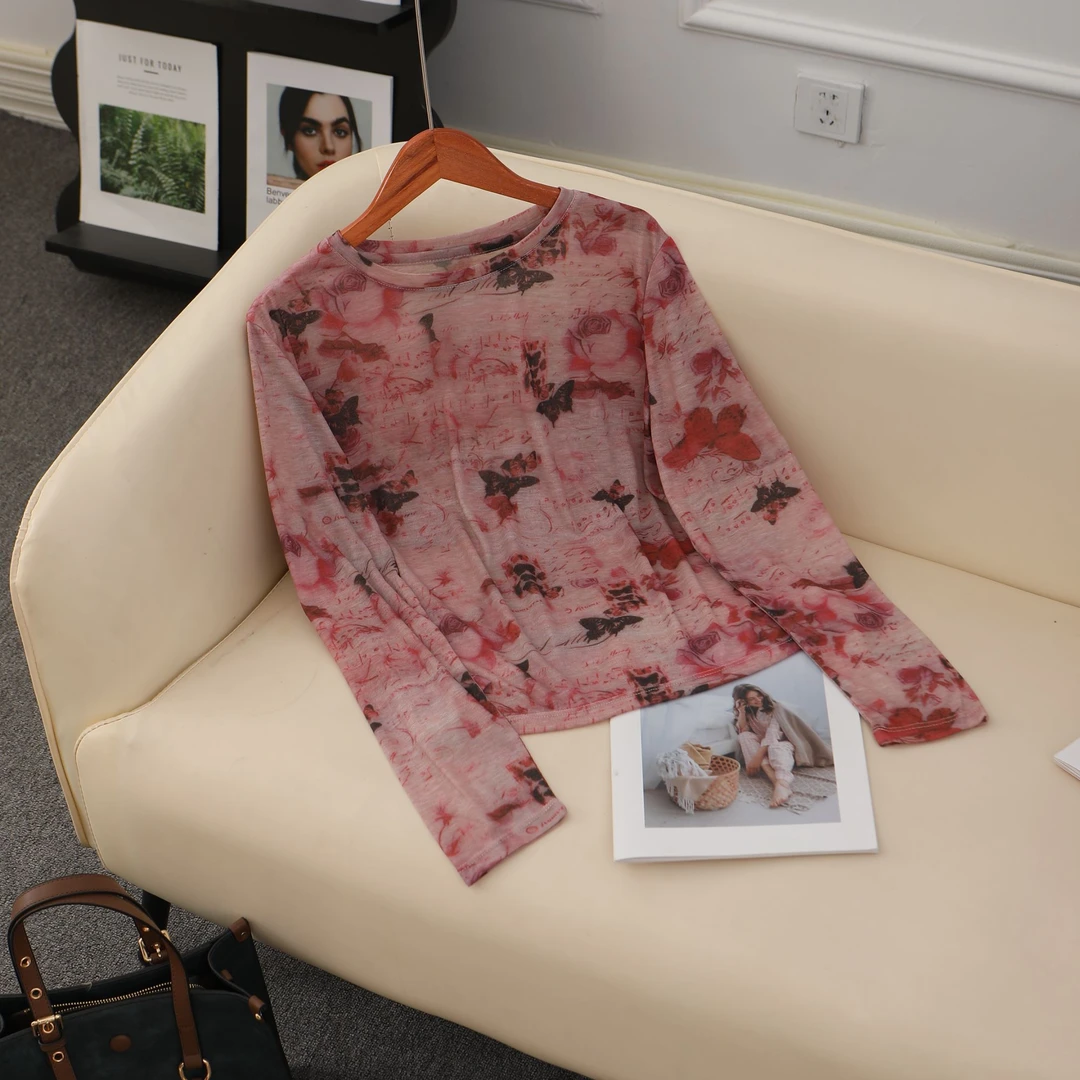 YOYO GALI/由由加莉轻奢莱赛尔蝴蝶长袖T恤设计感时尚百搭轻薄852