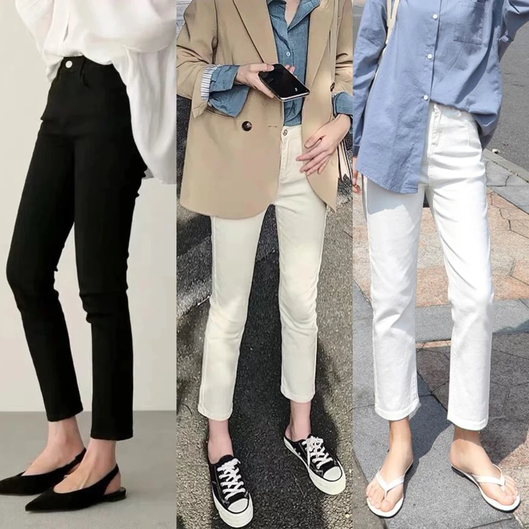 白色直筒牛仔裤2025春夏新款简约显瘦弹力修身高腰百搭九分烟管裤