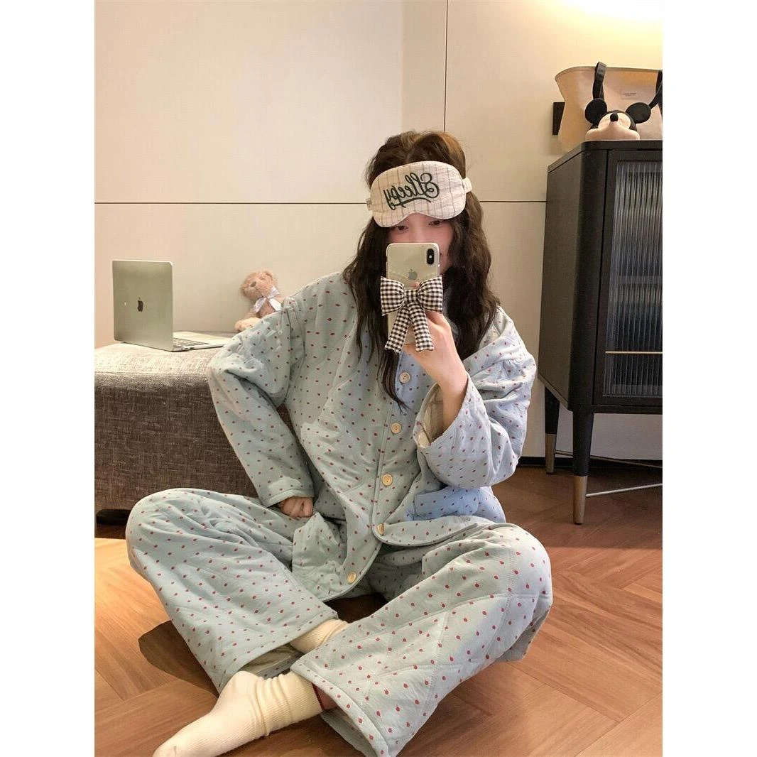韩系波点夹棉睡衣女冬季新款加厚翻领棉服外套加厚保暖家居服套装