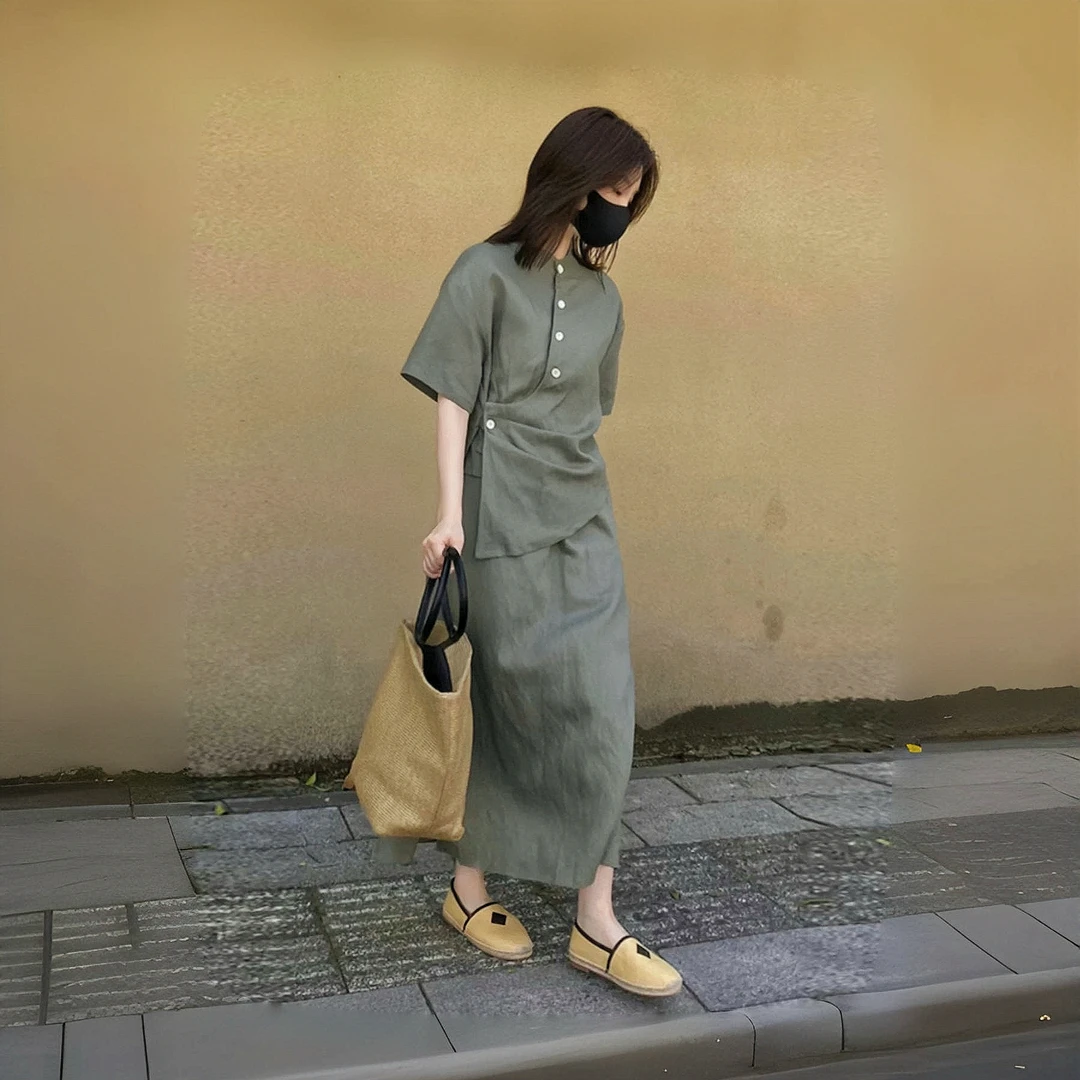 511艺术家范 轻奢低调夏日棉麻收褶皱短袖半身裙套装 俩件套
