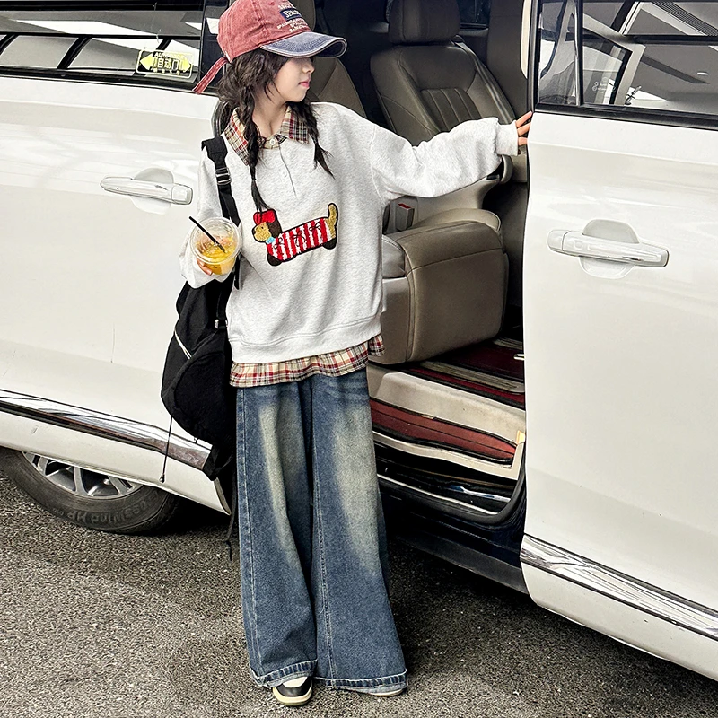 女童秋季套装2025新款儿童假两件格子卫衣大童牛仔裤秋装两件套