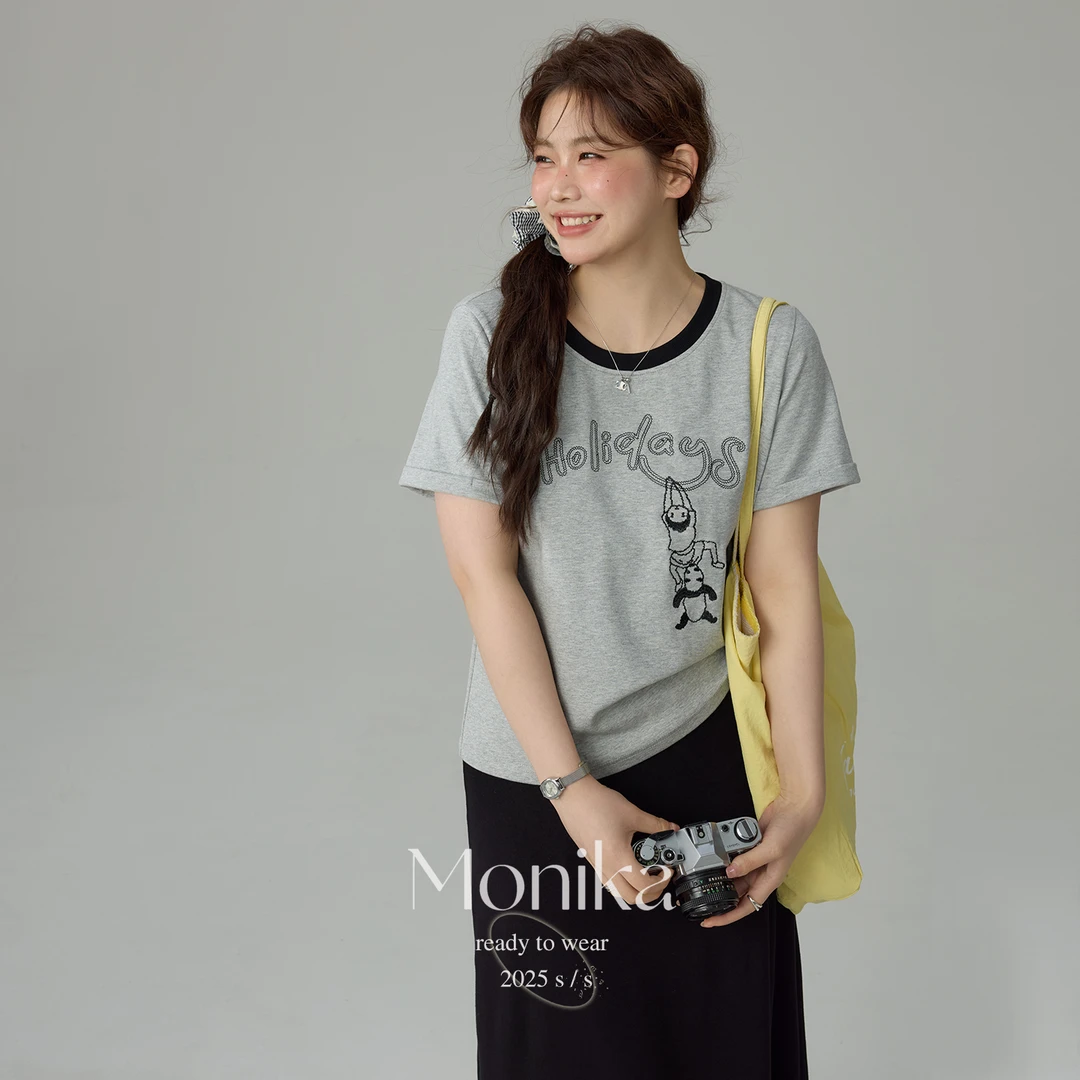 大码女装宽松显瘦圆领卡通印花短袖T恤胖mm减龄正肩撞色上衣N9209