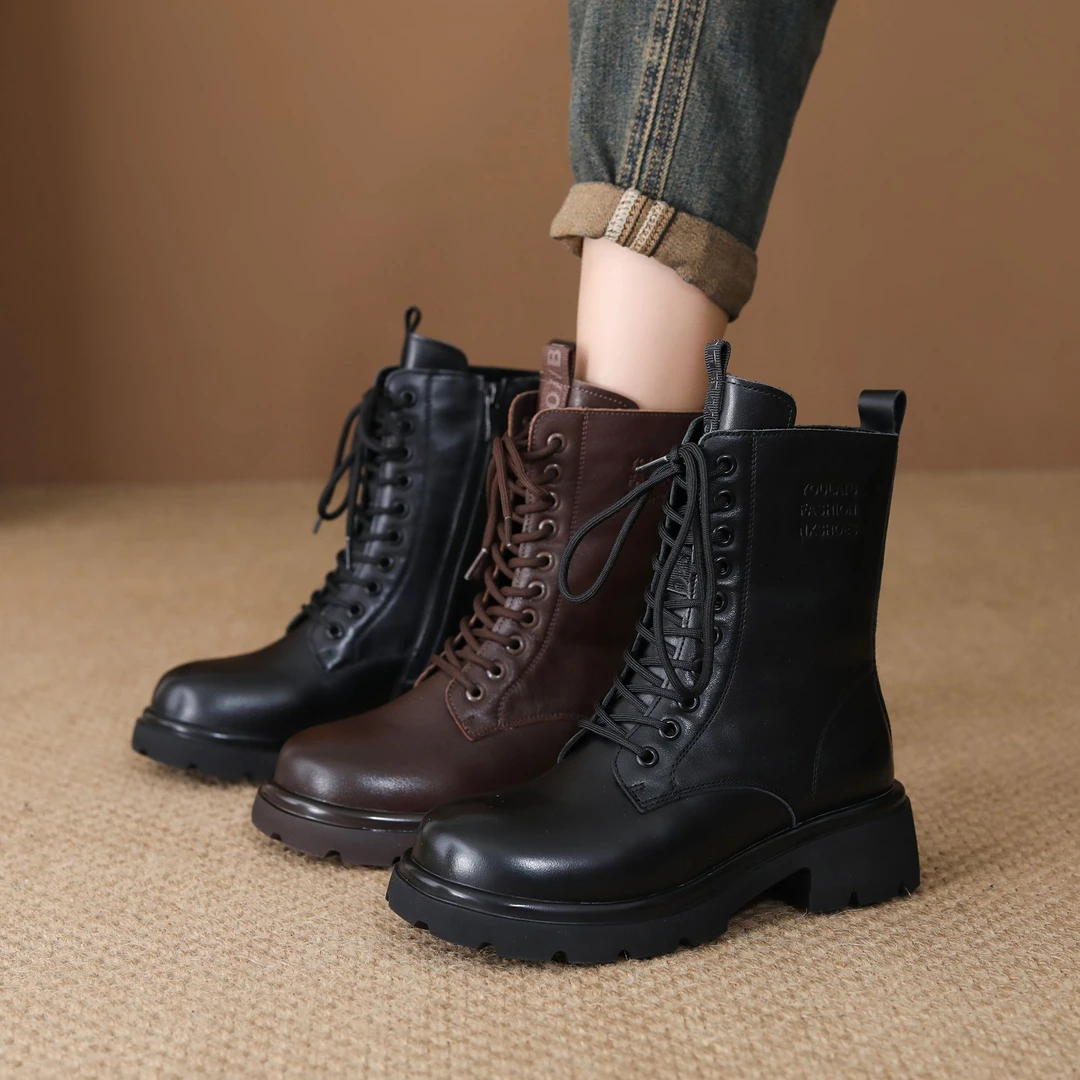 头层牛皮马丁靴女加绒保暖2025新款秋冬厚底中筒短靴子英伦风真皮