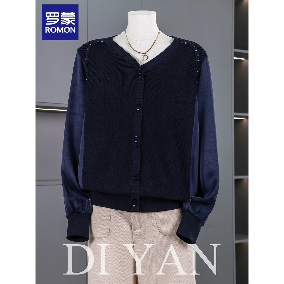 罗蒙妈妈秋装长袖针织拼接小衫洋气时尚中老年女装春秋新款上衣服