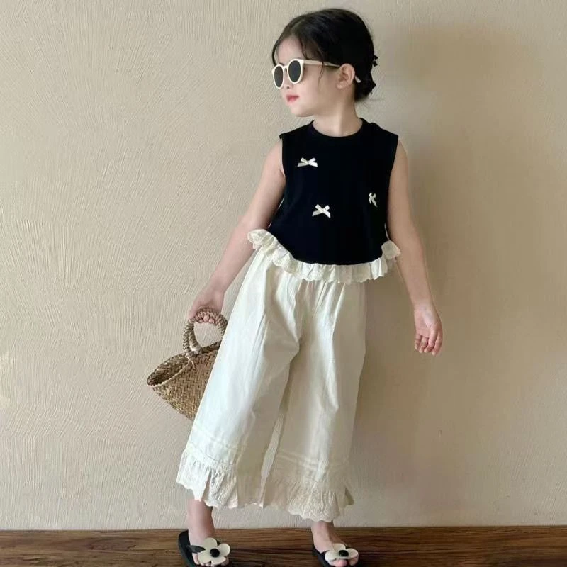 菗衹女童无袖上衣花边夏季2025新款儿童洋气蕾丝蝴蝶