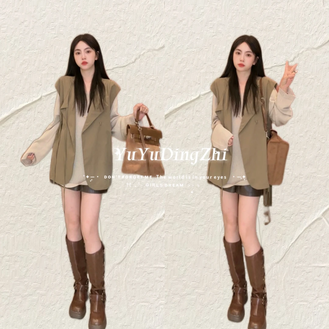 【三件套+运费险】秋装穿搭显瘦一整套女长袖罩衫上衣抽绳马甲皮裤