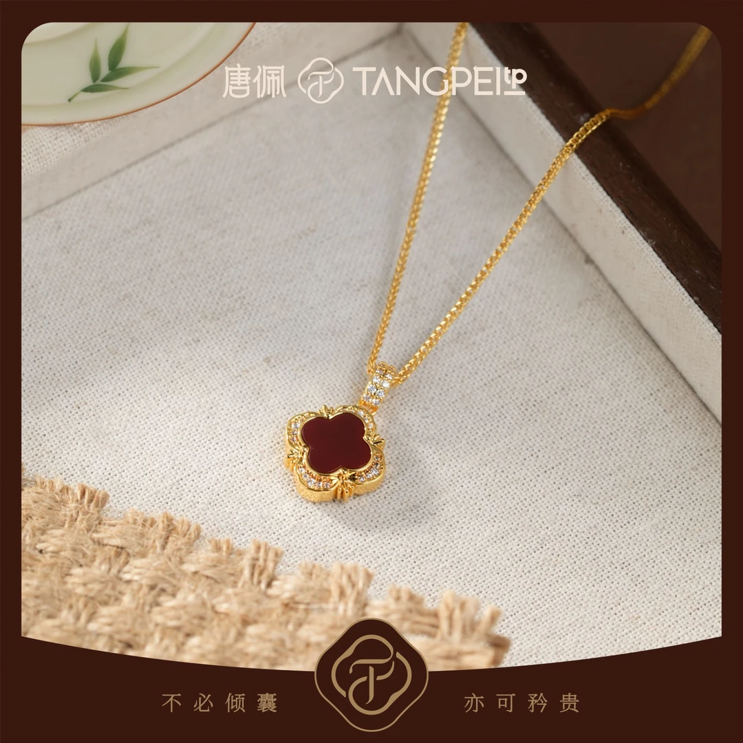 铜合金项链 设计感复古红色四叶花幸运花吊坠项链气质时尚饰品