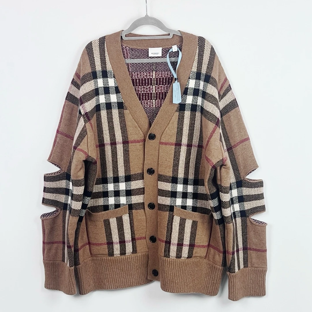 99新 BURBERRY/博柏利 XL码镂空格纹袖口羊毛长开衫 99新 lm3107