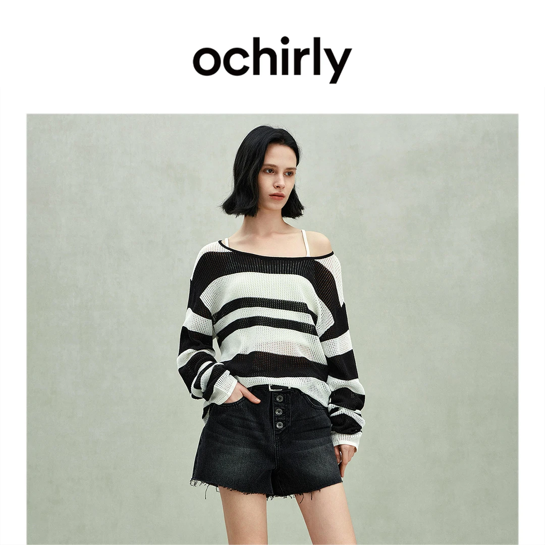 ochirly欧时力 亚麻棉条纹针织衫女上衣露肩慵懒风春秋季2025新品