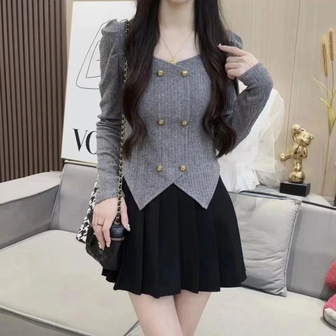 2025秋新款甜美纯欲小香风双排扣长袖修身针织打底衫