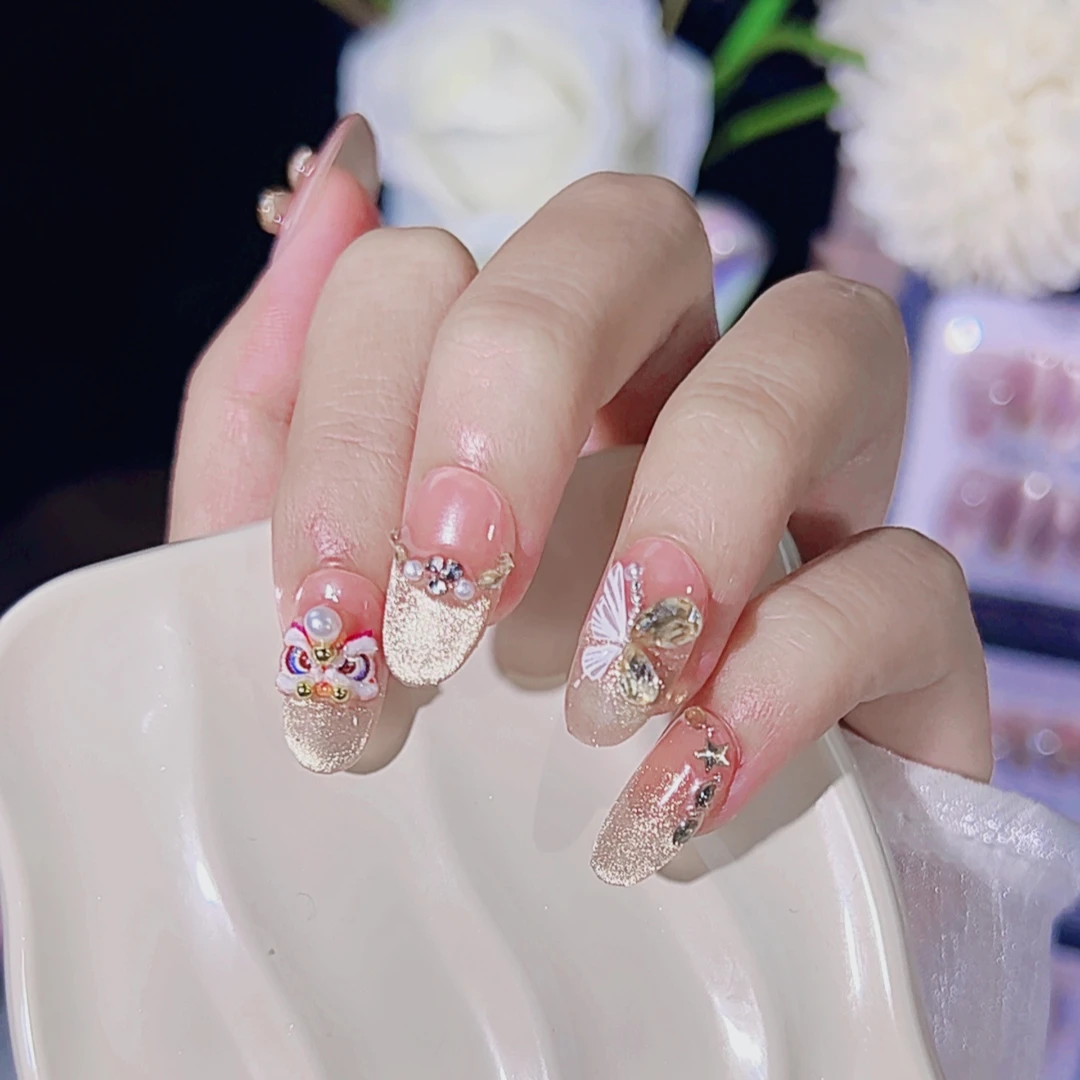 【财蝶醒狮】醒狮新年战猫眼甲轻奢纯手工新款显白金色手工穿戴甲