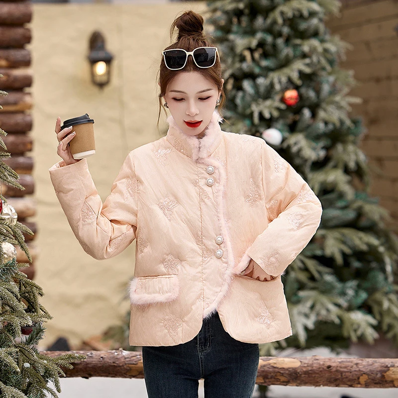 DUCURNO粉色国风立领短款羽绒服女冬季2025新款小个子轻薄保暖外