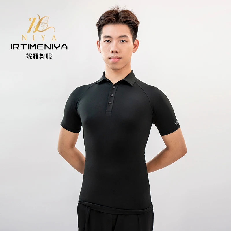 新款男士春夏款POLO衫短袖立领纯色修身摩登舞上衣交谊舞广场舞