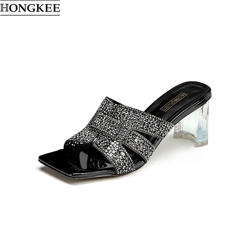 HONGKEE/红科25年夏季外穿方头水钻凉拖优雅时尚粗跟凉鞋HA85S208
