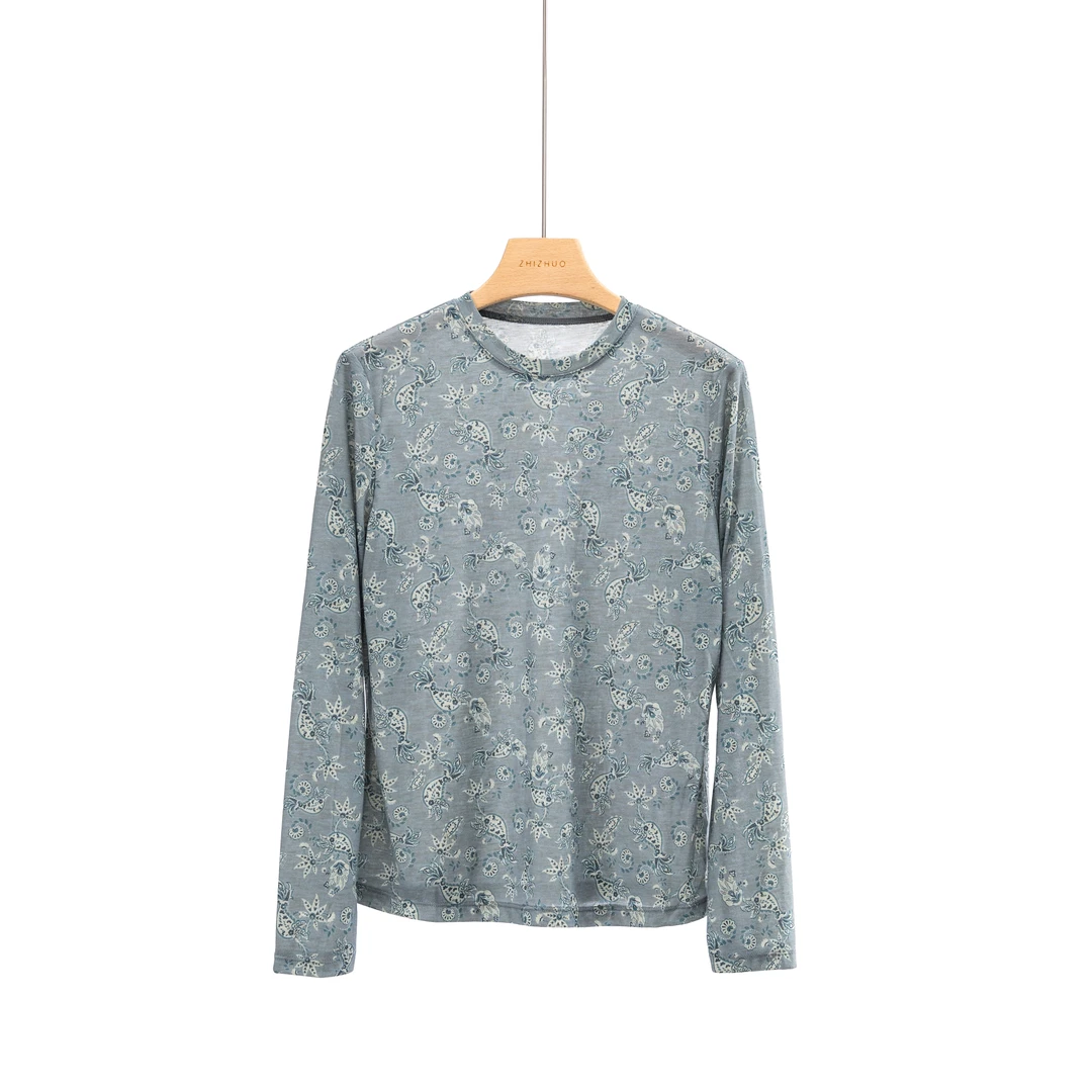 花开半夏夏季薄款长袖舒适亲肤套头打底T恤