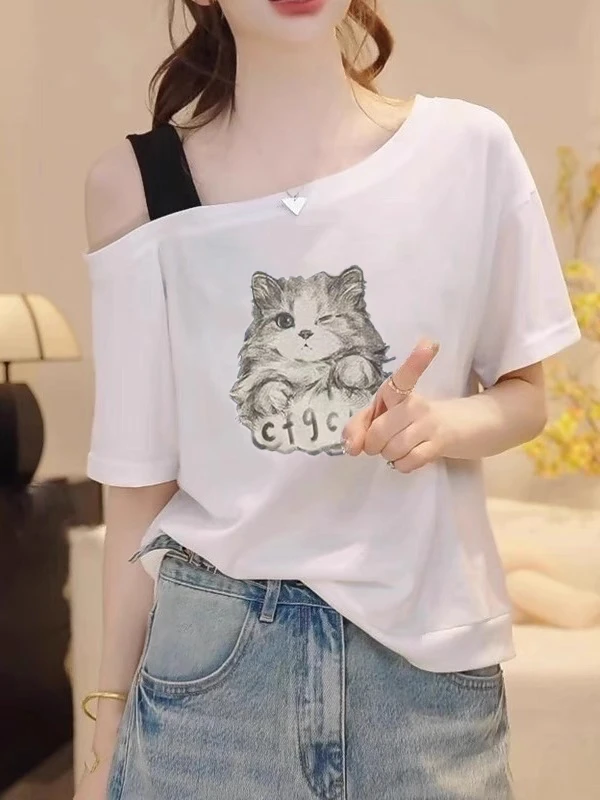 2025新款休闲百搭上衣韩系撞色字母印花撞色斜肩短袖t恤女夏
